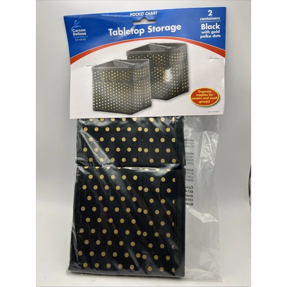 2 Carson Dellosa Tabletop Storage Bins Cubby Baskets Black With Gold‎ Polka Dots
